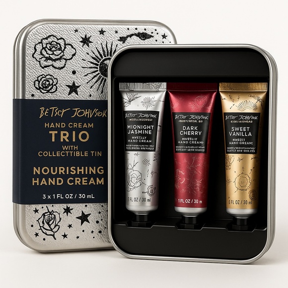NIB BETSEY JOHNSON Hand Cream Trio Gift Set Midnight Jasmine Dark Cherry Vanilla - Picture 1 of 5